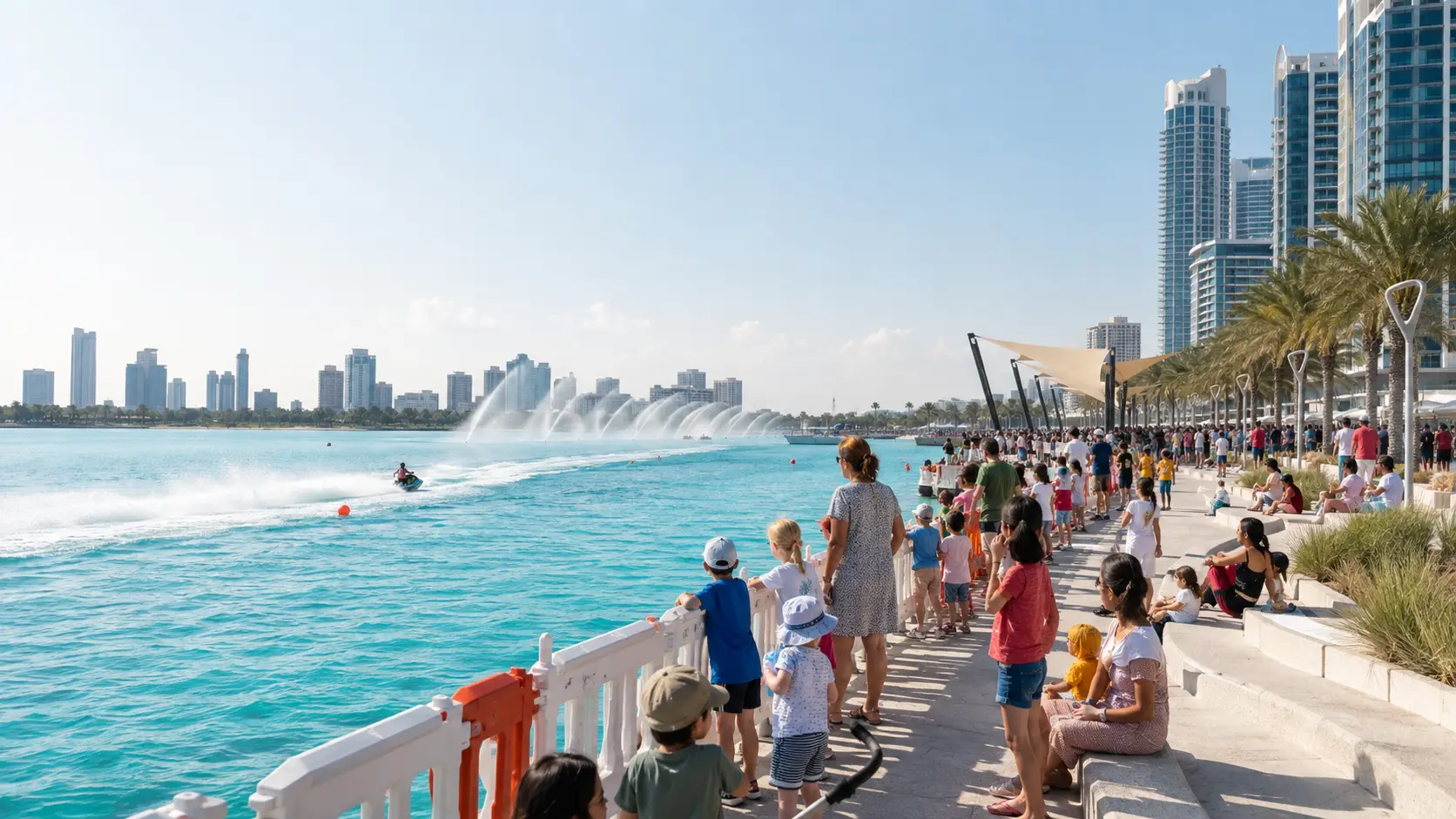 Семья наблюдает за водно-моторным фестивалем